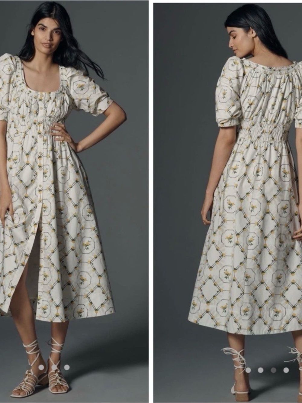 Anthropologie Cream Midi Dress with Yellow Floral Motif Size XS NWT